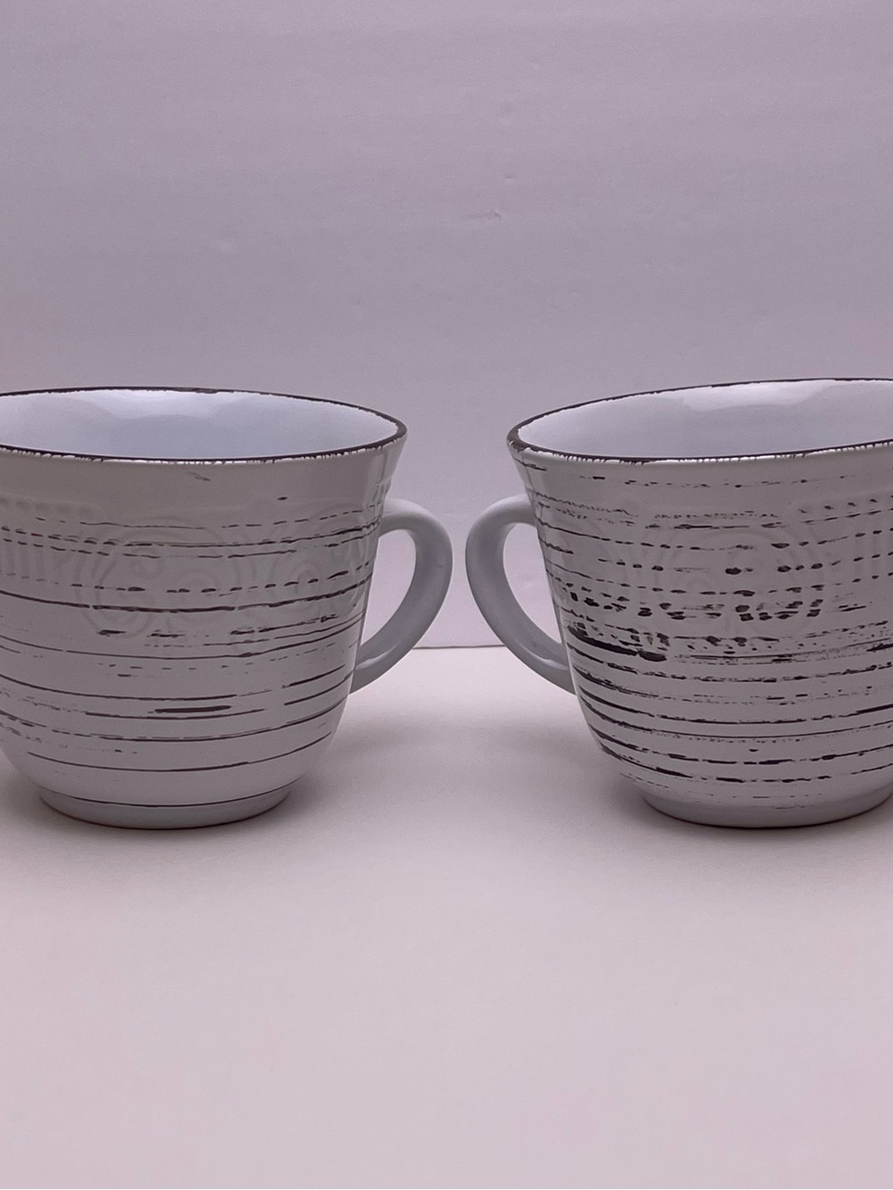 Set of 2 Pfaltzgraff Isabella White Birch Wood & Embossed Scroll Pattern Mugs